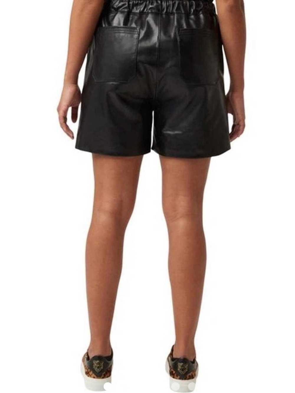 High-Waist Black Faux Leather Shorts with Elastic Waist and Patch Pockets